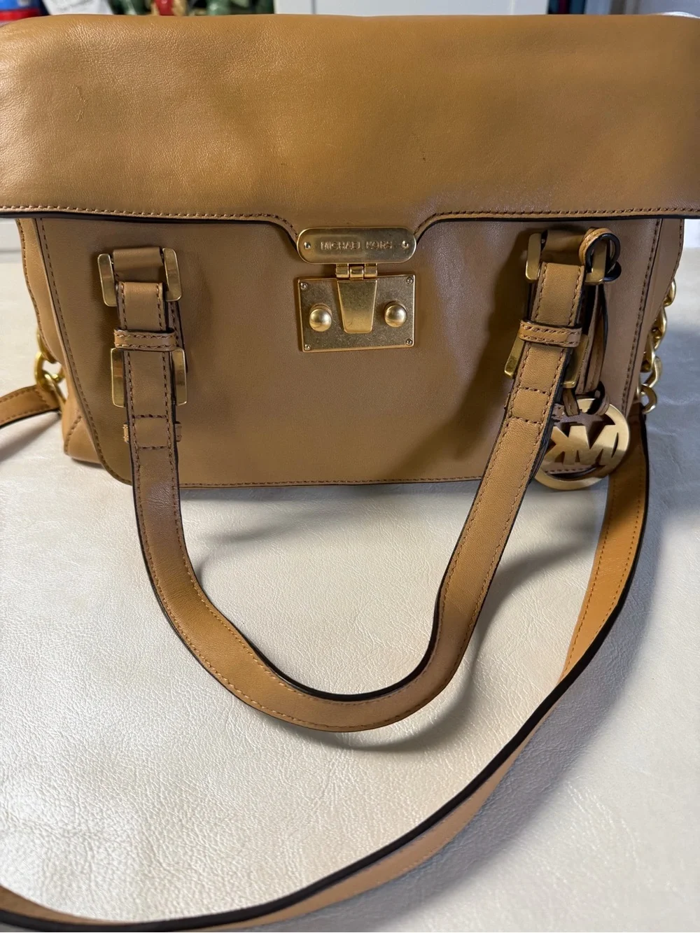Michael Kors Camel Leather Satchel with Gold Hardware